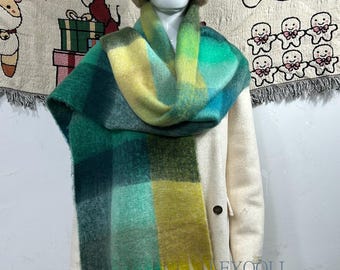 Bufanda de mohair y lana a cuadros verdes, chal de invierno extragrande, chal con flecos.