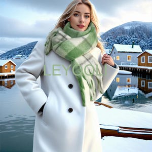Fresh Green and White Plaid Scarf, Mohair Scarf, Tassel Scarf , Soft Winter Scarf, Classic Plaid Scarf, Extra Long/Thick - Holiday Gift