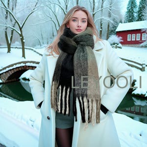 Green white black plaid scarf, classic plaid scarf, mohair scarf, warm scarf, scarf shawl, fall and winter scarf, Christmas gift