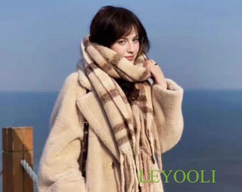 Bufanda de mohair con borlas y cuadros marrones, chal de invierno suave y cálido