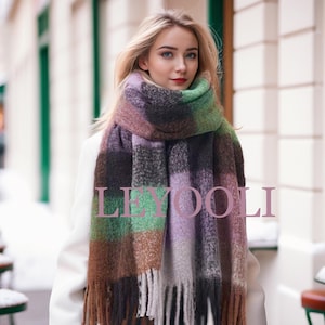 Christmas green scarf, brown plaid scarf, winter colorful scarf, shawl, warm wool blend scarf, green couple plaid scarf, Christmas gift