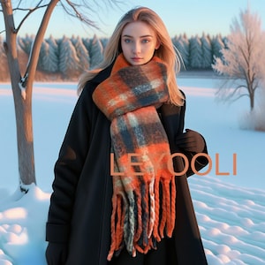 Orange Striped Scarf, Reversible Mohair Scarf, Winter Warm Plaid Shawl, Plaid Scarf, Fashion Tassel Scarf, Christmas Gift for Friends