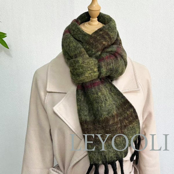 Olive Green Mohair Scarf, Striped Winter Shawl