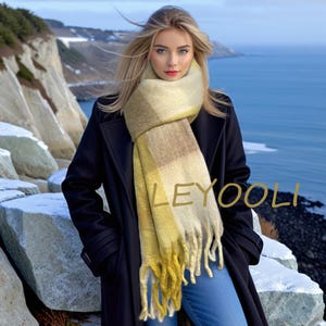 Yellow white plaid scarf, double-sided mohair scarf, winter warm plaid shawl, plaid scarf, colorful tassel scarf, Christmas gift
