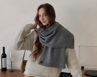 Chal de lana gris con botones, chal de punto convertible, bufanda de invierno