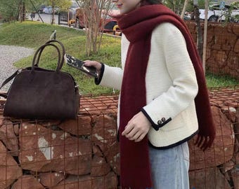 Burgundy Wool Blend Scarf: Soft Mohair Feel Winter Shawl