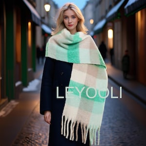Green white plaid scarf, double-sided mohair scarf, winter warm plaid shawl, plaid scarf, fashion tassel scarf, Christmas gift for friends