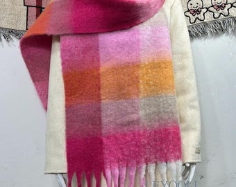 Bufanda extragrande a cuadros rosa y naranja, chal esponjoso cepillado, chal cálido de invierno (36 x 200 cm)
