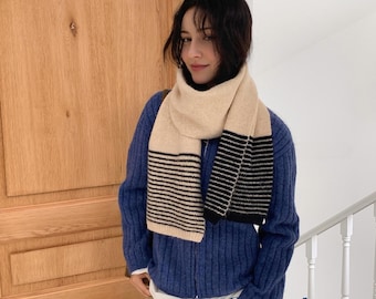 Bufanda de punto de algodón a rayas, chal de invierno con bloques de color, accesorio minimalista