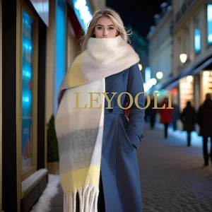 Yellow white plaid scarf, double-sided mohair scarf, winter warm plaid shawl, plaid scarf, colorful tassel scarf, Christmas gift