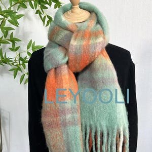Green Orange Striped Mohair Scarf, Classic Scarf, Winter Warm Scarf, Mohair Blend Scarf, Striped Scarf, Christmas Scarf