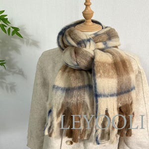 Vintage Plaid Mohair Scarf | Classic Brown Soft and Warm Shawl | Fall and Winter Fashion Essential | Cozy Gift for Her