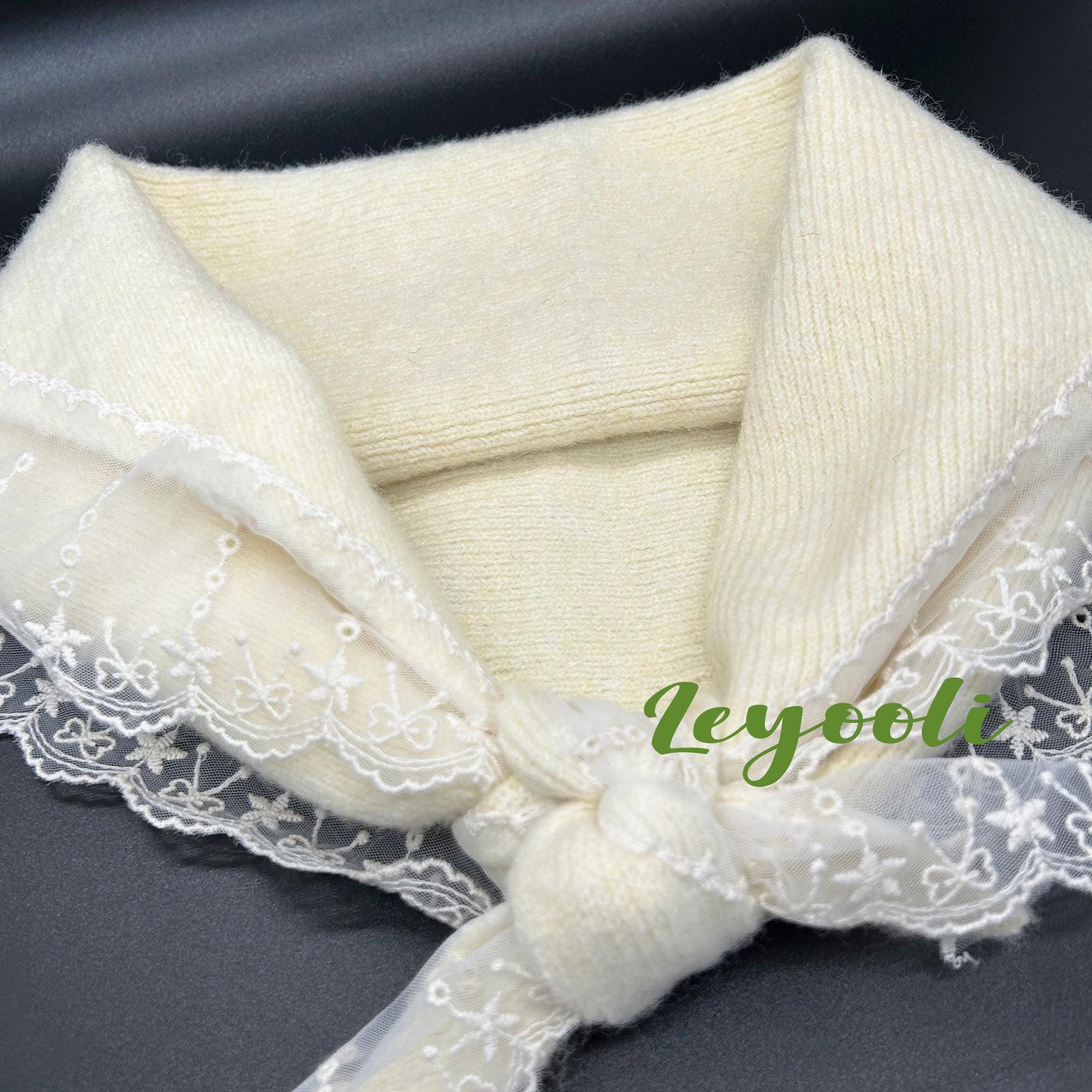 Wool Cotton Lace Scarf - Soft Triangle Neck Wrap, Warm Winter Headscarf, Elegant Lace-Trimmed Shawl