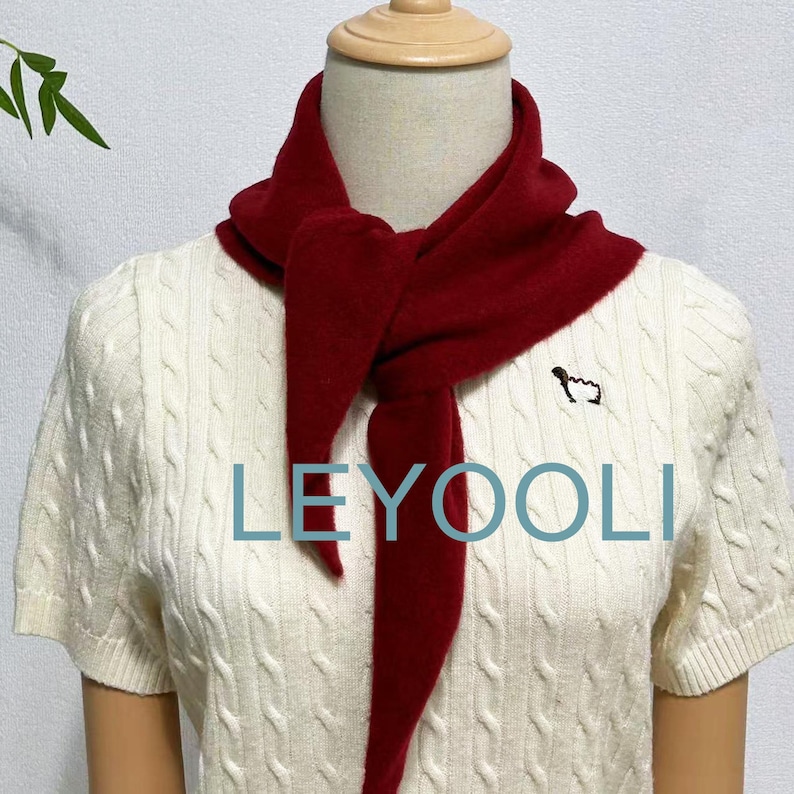 May include: A red knitted scarf tied around a white cable knit sweater with the word "LEYOOLI" printed on the front.