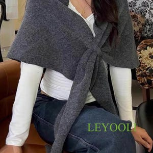 Handmade Dark Gray Wool Blend Shawl | Knitted Loop Scarf, Winter Cape