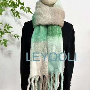 Green white plaid scarf, double-sided mohair scarf, winter warm plaid shawl, plaid scarf, fashion tassel scarf, Christmas gift for friends
