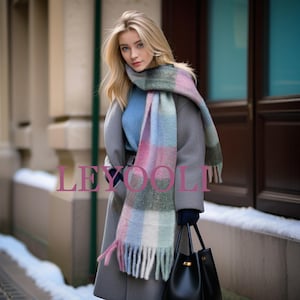 Powder blue plaid scarf, winter warm scarf, color blocking design scarf, wool scarf, fashion scarf, Christmas gift
