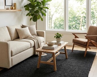 Handmade Black Jute Rug, Textured Natural Fiber, Modern Boho Carpet