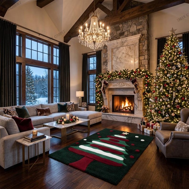 Problem Tree Visual Layout Custom Christmas Tree Area Rug, Festive Green Red Holiday Decor (custom ...
