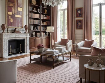 Soft Pink Wool Area Rug: Hand Tufted Geometric Grid Design