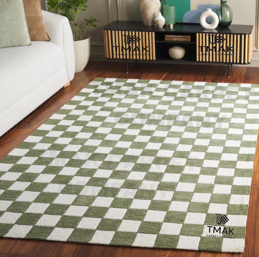 Tufted Loop Hand Tufted Loop Pile Rug: Modern Green and White Checkerboard Carpet ...