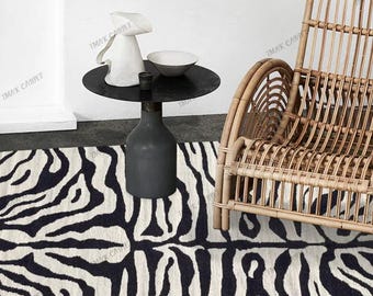 Hand-Tufted Wool Zebra Rug: Black and White Animal Print Carpet