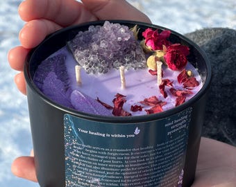 Vela de cristal de amatista: sanación y protección, cera de soja, aceites esenciales