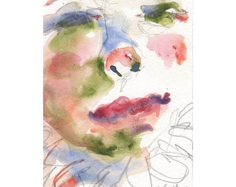 Watercolor and Graphite Portrait, Abstract Watercolor With 8" x 10" Mat, 5" x 7" on Paper, Decorative Female Portrait, Red Blue and Green