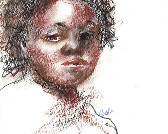 Impressionist Drawing of a Black Woman Portrait, Conte Crayon and Pastel, Charcoal Art, Contemporary Female Portrait on Paper