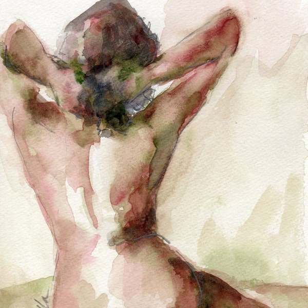 Watercolor Print, Nude Female Figure, Watercolor Painting, Giclee Print, Nude Wall Art, 8 x 10,  Best Seller, Brown Green and Pink Colors