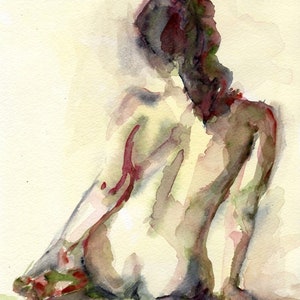 Brown and Yellow Nude, Giclee Print, 8 x 10 from an Original Watercolor Painting, Female Figure, Contemporary Nude Art image 1