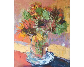 Impasto Palette Knife Oil Painting, Original Artwork on 16 x 20 Canvas, Floral Still Life with Rich Red, Brown and Green Colors