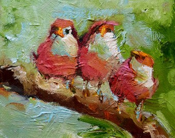 Tropical Pink Birds, Original Impasto Heavily Textured Oil Painting on a 6" x 6" Canvas