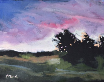 Country Sunset Landscape in Oil and Acrylic on a Gallery Wrapped 9 x 12 Canvas, Purple, Black and Blush Pink Colors