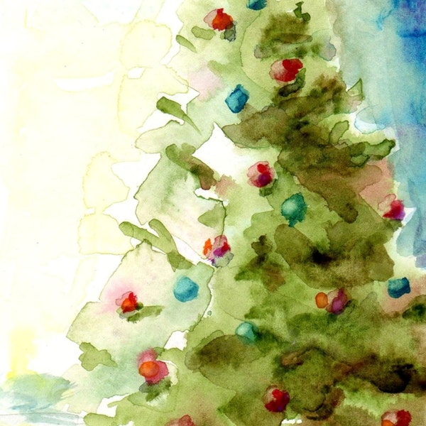 Watercolor Print, Red and Green and Blue Christmas Tree, Christmas  Gift Art, Holiday Family Decor, Watercolor Giclee, Traditional Tree Art