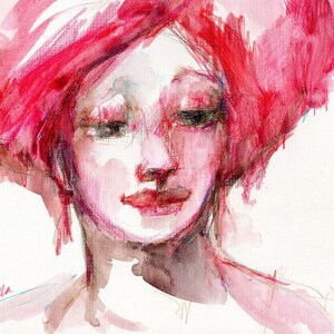 Female Portrait, Watercolor Woman, Red Hair, Figurative Art, Watercolor Art, Red and Pink, Original Painting image 1