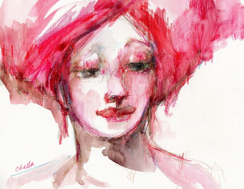 Female Portrait, Watercolor Woman, Red Hair, Figurative Art, Watercolor Art, Red and Pink, Original Painting image 1