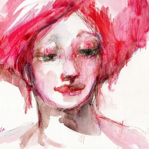 Female Portrait, Watercolor Woman, Red Hair, Figurative Art, Watercolor Art, Red and Pink, Original Painting image 5