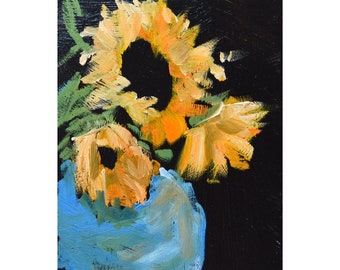 Little Sunnies, Sunflower Oil Painting on a 5 x 7 Cradled Wooden Board, Yellow and Orange Colors, Teal Flowerpot