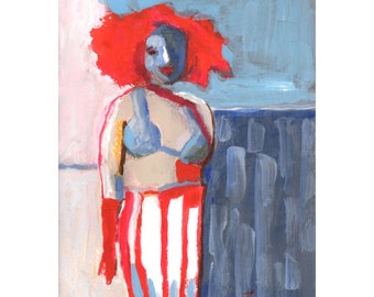 Gouache Painting on Watercolor Paper, Martha, an Abstract Figure with Flaming Red Hair, 7 x 11 in Red and Blue Colors, Female Portrait