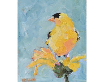 Yellow Finch with a Sunflower in Oil on an 8" x 10" Canvas, Original Wild Bird Painting