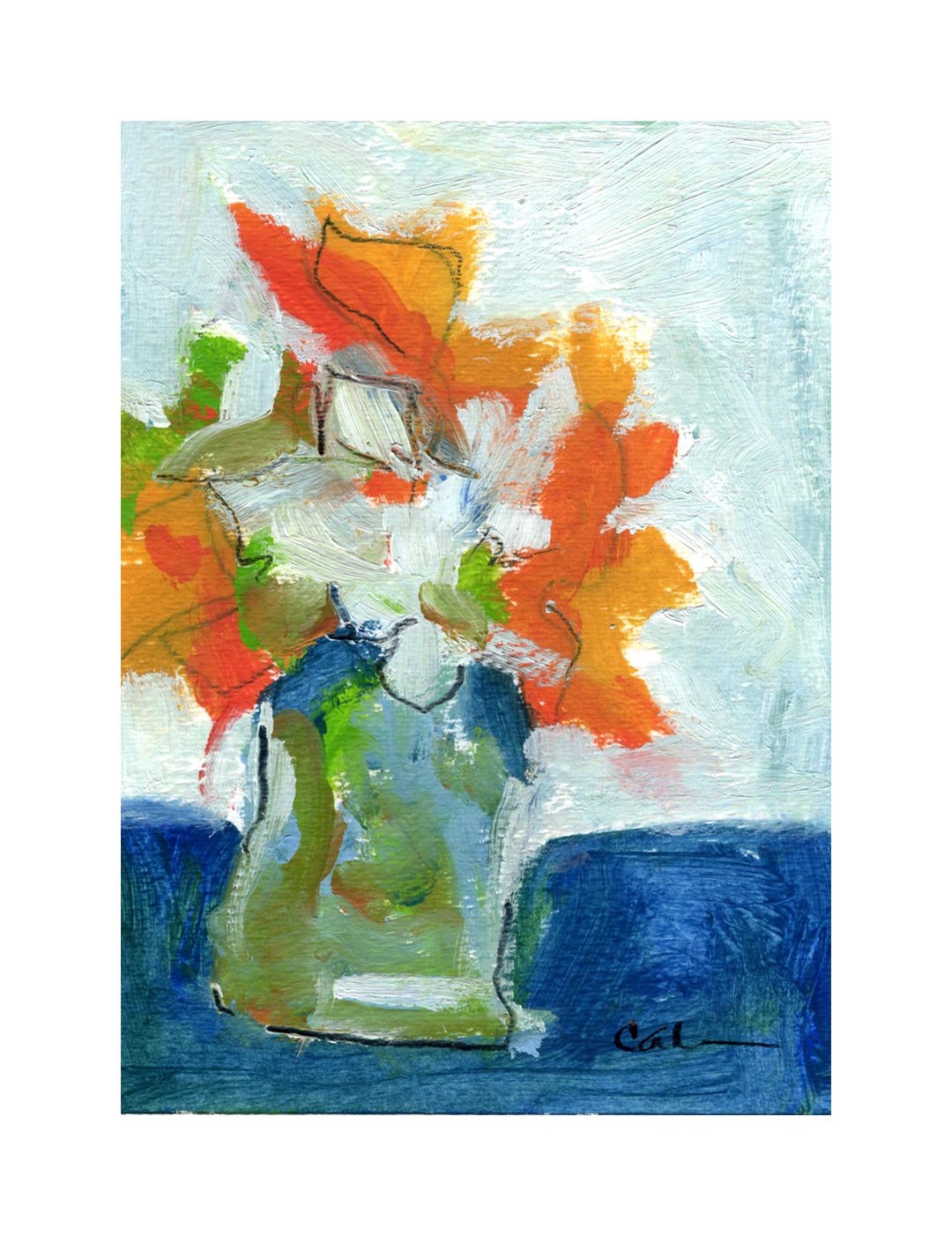 Green Blue Abstract Floral Oil Painting on Watercolor Paper With Mat, 5 ...