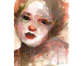 Mixed Mediums Portrait on Watercolor Paper of a Dark Eyed Woman, 9 x 12 Original Painting