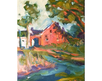 Red House, Original Oil Painting in Bold Colors of Red and Green on an 11" x 14" Canvas