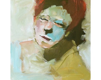 Woman's Abstract Portrait in Oil on a 6 x 6 Cradled Panel, Green and Blue Colors, Signed on the Back