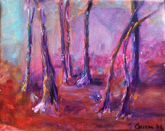 Red From the Porch, Oil Landscape on a 10 x 8 Canvas, Abstract Pink Purple and Red Trees