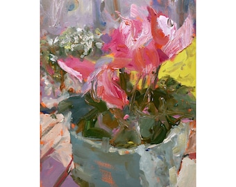 Pink and Red Cyclamen in a Blue Green Pot, Still Life Oil Painting, 9 x 12 on Canvas