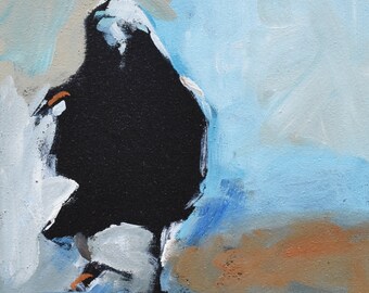 Black Crow Oil Painting on 6" x 6" Cradled Panel, Blue and Black Colors, Raven Painting, Black Bird Art, Wild Bird Picture