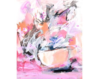 Pink Floral Bouquet Abstract, 8 x 10 Fine Art Giclee Print of Abstract Flowers in a Pot with Blue Accent Colors