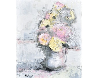 Peach Butter, Yellow Gray and Pink, Giclee Print from an Abstract Oil Painting on 8 x 10 Paper Floral Art, Flower Bunch in a White Vase